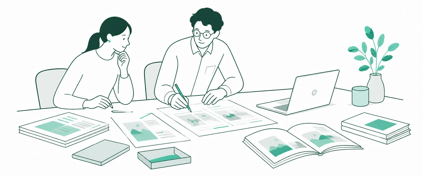 編集者が原稿を校正し、雑誌とデジタルコンテンツを制作する様子