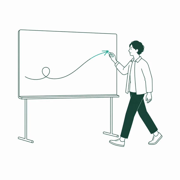 ホワイトボードに進む矢印を描き足し、一歩を踏み出す人